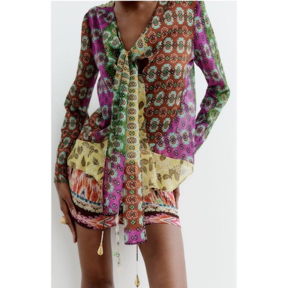 Zara Patchwork Print Tie Front Blouse Beaded Tassel Green Purple Boho Retro XS
